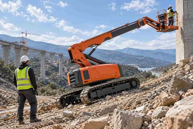 Taşlı ve eğimli şantiye arazisinde turuncu paletli bomlu platform; sepetteki çalışan bir beton viyadük ayağında çalışıyor, ön planda sarı yelekli ve baretli bir kişi makineyi izliyor. Arkada köprü ayakları, vinç ve dağlar görünüyor.