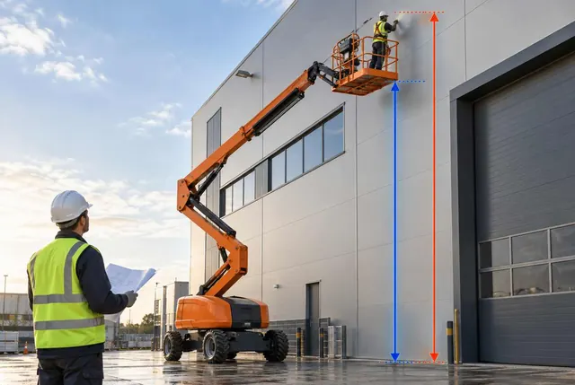 Metal kaplamalı bir sanayi binasının önünde uzanmış turuncu eklemli bomlu platform; tablada çalışan işçi duvara uzanıyor, zeminden tablaya mavi, zeminden işçinin erişim noktasına kırmızı ok çizilmiş, önde proje tutan bir görevli var.
