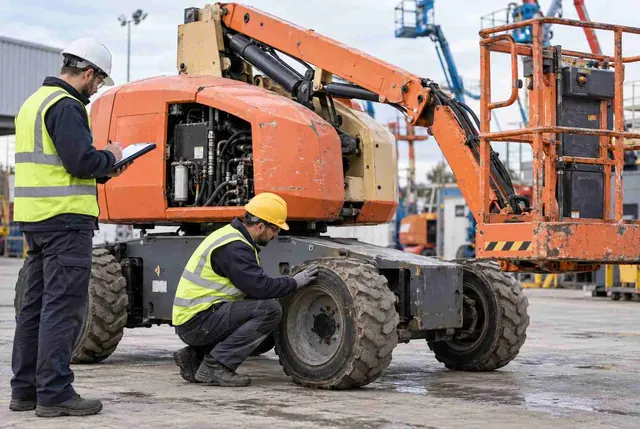 Açık havada, aşınmış turuncu eklemli bomlu platformu inceleyen iki işçi; biri dosya tutup not alıyor, diğeri çömelip lastiği kontrol ediyor, motor bölmesi açık, gövdede boya aşınması ve çamurlu lastikler görünüyor.