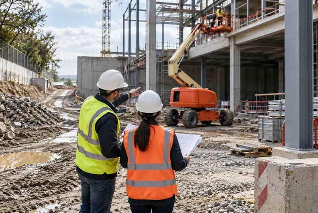 Çamurlu bir şantiye zemininde baret ve reflektörlü yelek giymiş iki kişi, ellerindeki plan çizimine bakıyor; biri arkadaki çok katlı betonarme iskeleti gösteriyor. Uzakta turuncu şasili, krem renkli bomlu bir platform sepetindeki işçiyi üst kata çıkarmış.