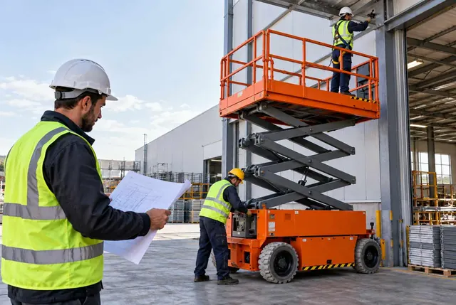 Bir depo ya da fabrika binasının önünde turuncu bir makaslı platform yükseltilmiş; sepetteki emniyet kemerli işçi tavan kirişi hizasında çalışıyor. Platformun gövdesinde sarı baretli bir çalışan kumanda bölmesiyle ilgileniyor, ön planda baretli ve reflektörlü yelekli bir kişi elindeki proje çizimine bakıyor.