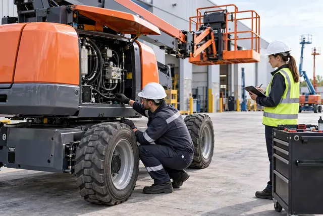 İki çalışan turuncu bir bomlu platformun yanında: biri çömelerek açık hidrolik bölmesindeki hortum ve valfleri inceliyor, baret ve yelekli diğeri elindeki not panosuyla kontrolü kaydediyor. Sağda alet arabası, arka planda depo binası ve başka platformlar görünüyor.